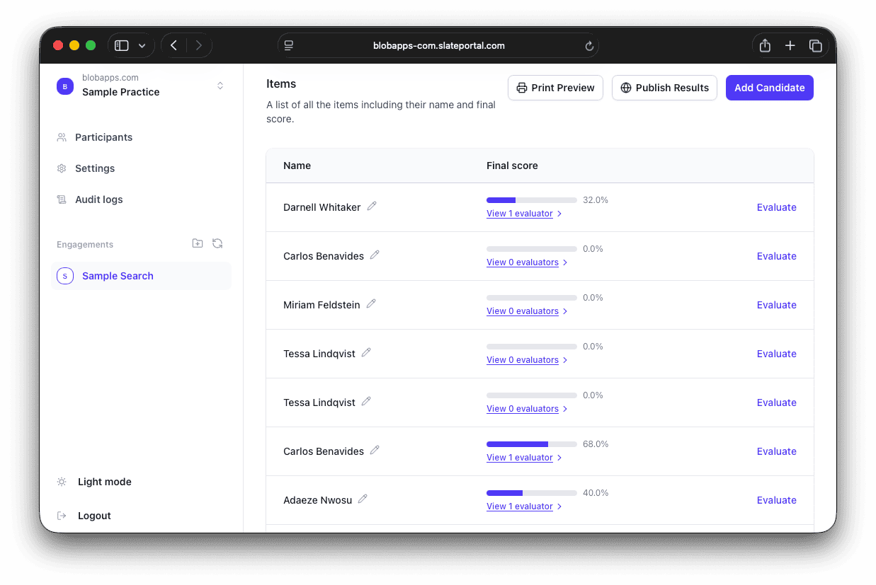 SlatePortal candidates dashboard showing every candidate with their final score