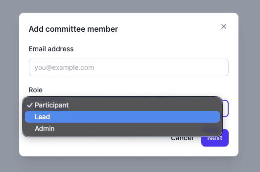 Add committee member dialog with role selection